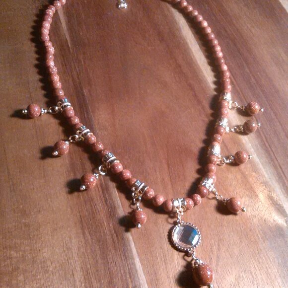 Gold Sandstone and Peach Glass Necklace - Picture 9 of 13